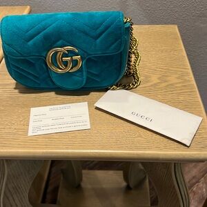 Gucci Teal Quilted Velvet purse for sale!